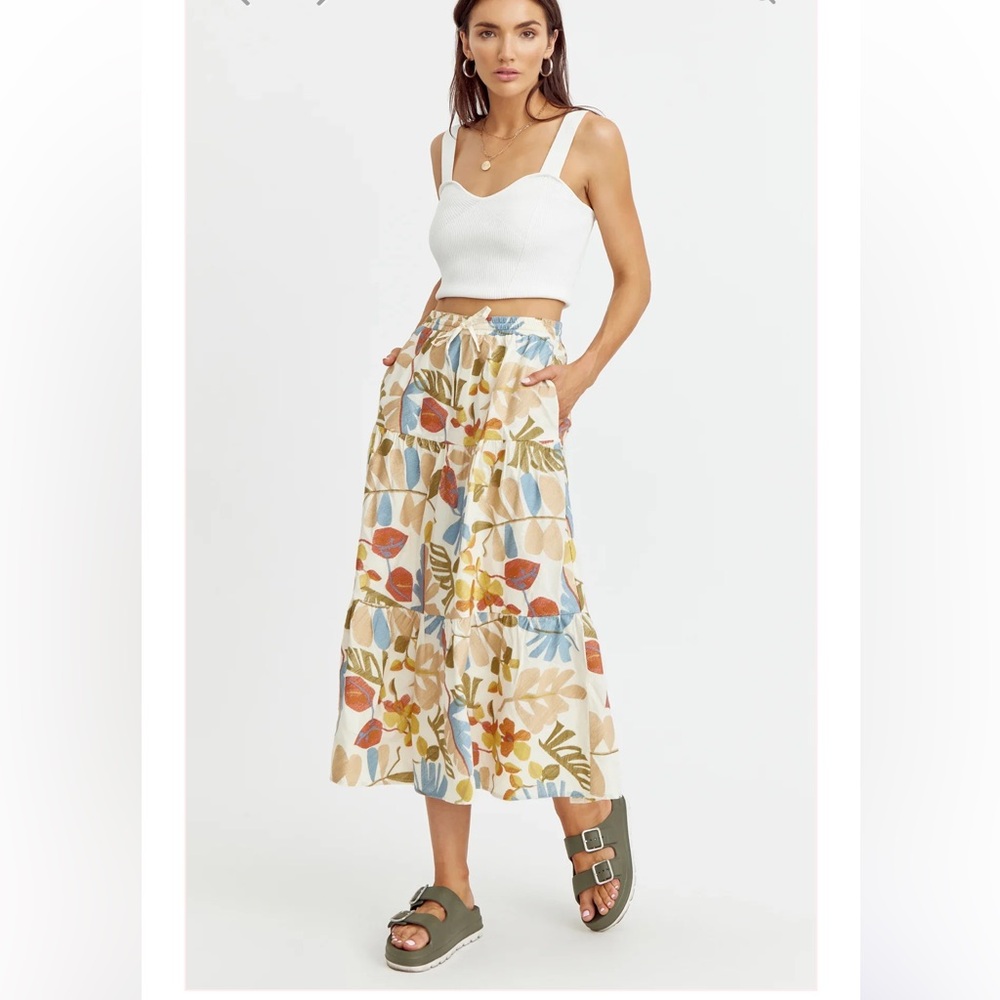 Greylin Anthropologie XS Embroidered Midi Skirt Grant Cream Blue Green Floral